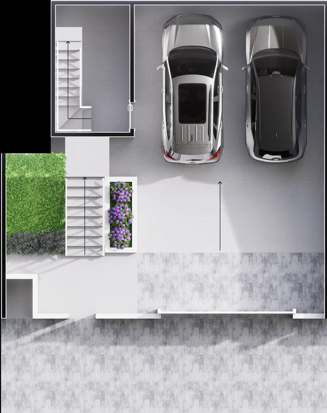 Dois carros na garagem fechada