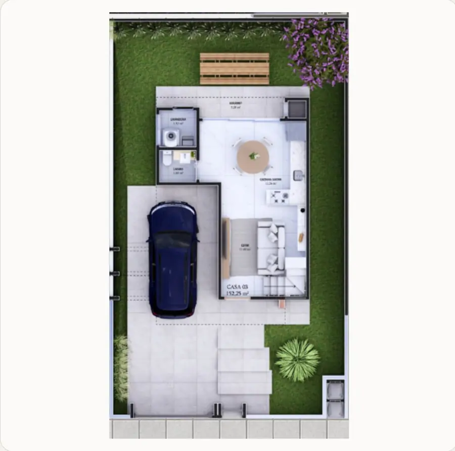 Casa 03 · térreo · jardim na frente, pátio nos fundos