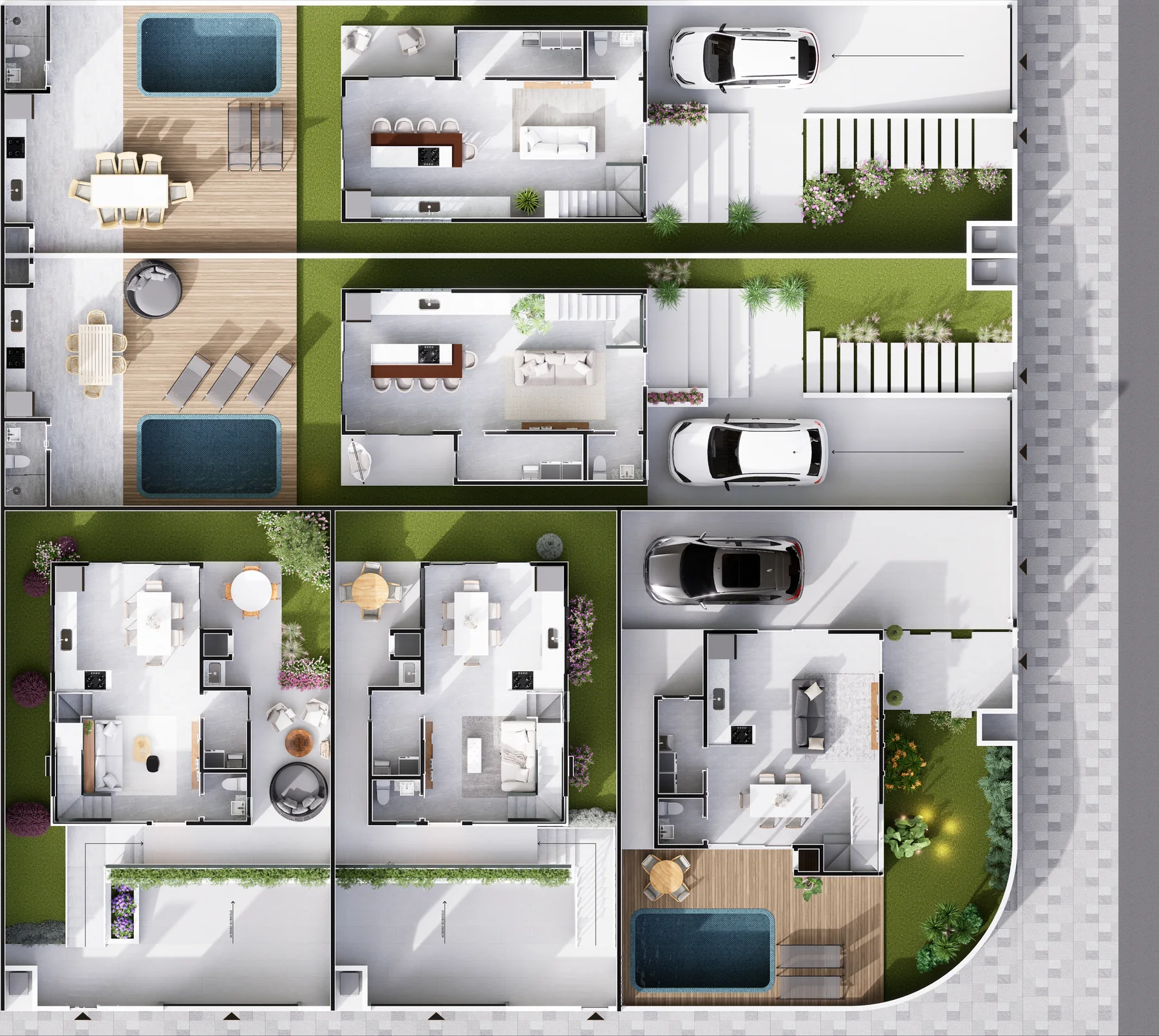 Implantação humanizada · térreo das cinco casas. Toque no nome para ver a casa.