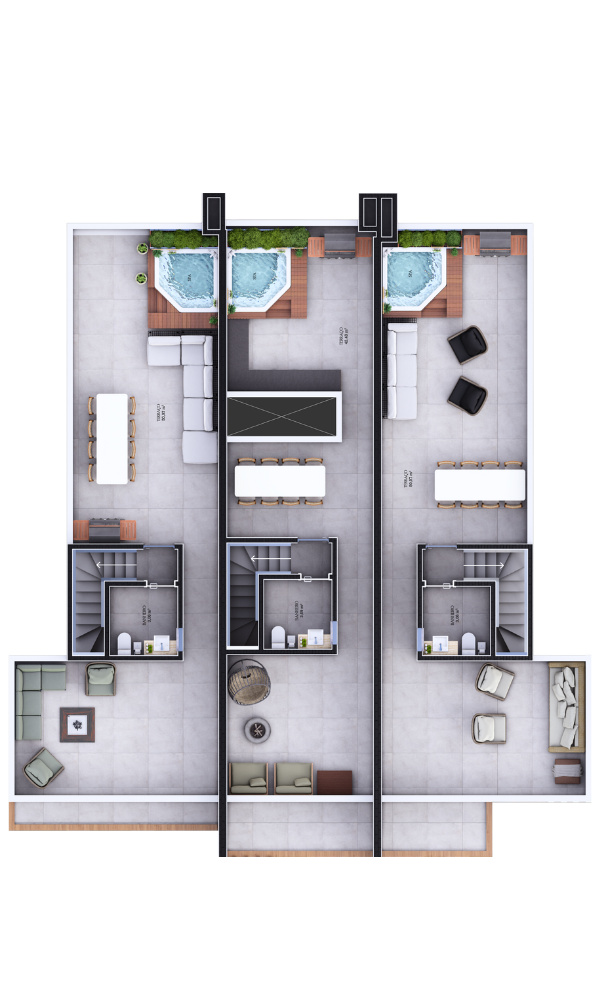 Terraço · 42 a 51 m² com hidromassagem, churrasqueira, lounge e lavabo.