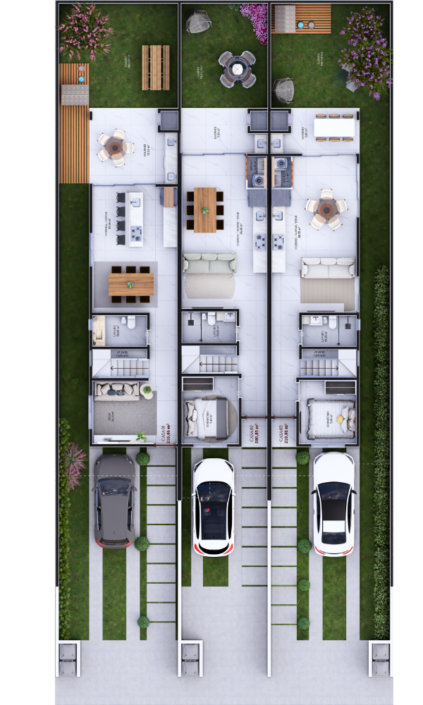 Térreo · living aberto para o garden, cozinha, lavabo e garagem. Casa 01: 219,05 m² · Casa 02: 200,85 m² · Casa 03: 219,05 m².
