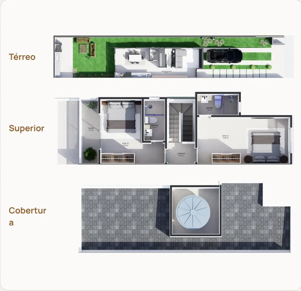 Sobrado 01 · térreo, superior e cobertura