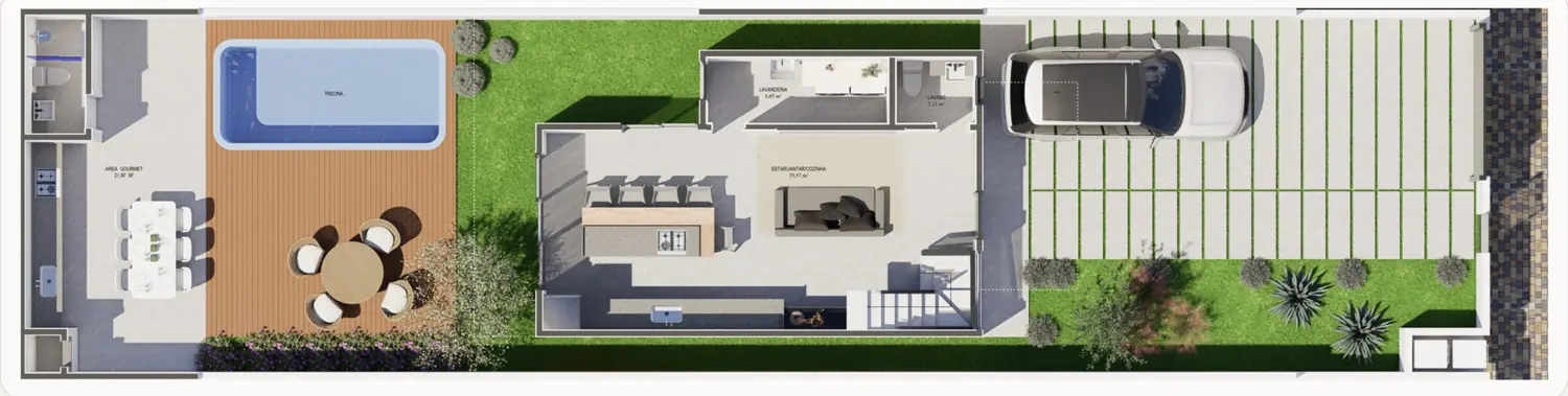 Térreo · living, cozinha com ilha, gourmet de 22 m² e piscina com deck