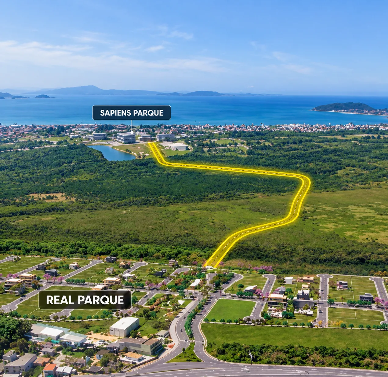 Vista aérea: em amarelo, a nova via ligando o Sapiens Parque ao Real Parque